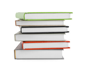 Stack of different books on white background