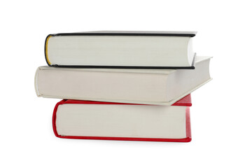 Stack of different books on white background