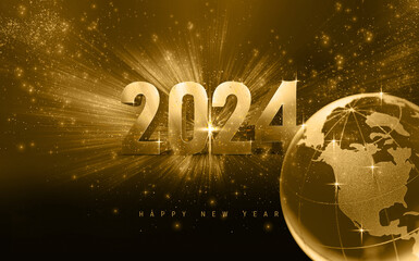 2024 - Golden glass earth globe ball with continent america, canada and golden lights - business new year eve background. Christmas and new year.