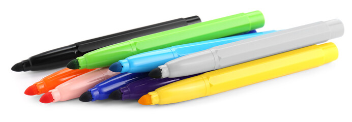 Many different colorful markers on white background