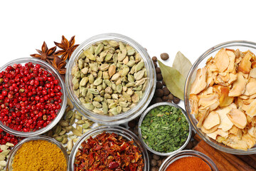 Bowls with different spices on white background, top view