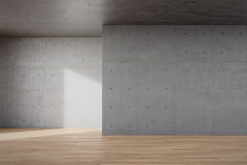 Empty concrete wall with wood floor. 3d rendering of abstract interior space.