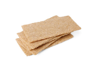 Stack of fresh crunchy rye crispbreads on white background, closeup