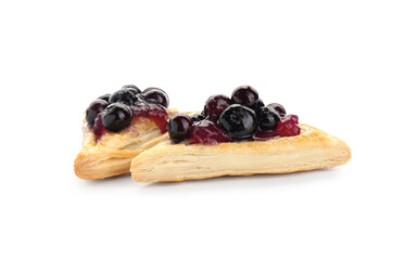 Fresh tasty puff pastry with sweet berries isolated on white