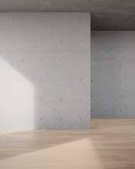Empty concrete wall with wood floor. 3d rendering of abstract interior space.