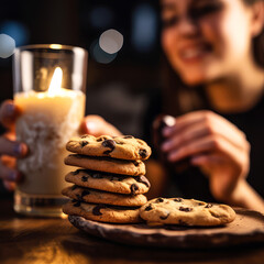 person biting into a freshly baked chocolate chip cookie, with a glass of milk and a stack of cookies in the background, ai