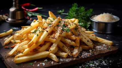 French Fries with Salt and Chili Seasoning. Created using generative AI technology