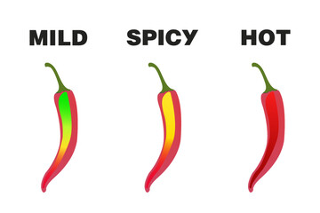 Hot, mild, spicy level labels of vector jalapeno, chili, cayenne peppers with fire flames. Spicy food or sauce taste scale indicators, green, red, yellow rating signs for both, extra and mild taste.