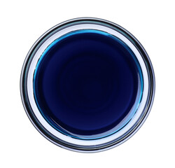 Glass bowl with blue food coloring isolated on white, top view