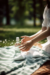  photograph of a person applying sanitizer to their hands while sitting outside at a park, with a lush green landscape in the background and a picnic blanket spread out, ai