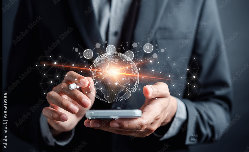 Aufkleber businessman using mobile phone planning development leadership and customer with business global int