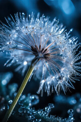 Dandelion seed with water drops turned into ice in backlight against a dark background. wallpaper.Generative AI
