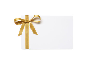 Blank gift card with golden bow isolated on white, top view