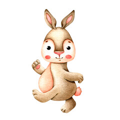 Walking gray hare (rabbit). Cute cartoon character. Children's watercolor illustration isolated on white background for design of cards, invitations, scrapbooking.