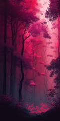 Light reds and light pinks hues, hint of fantasy forest, haze, animation, blended together