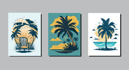 Fototapeta na wymiar summer background with palm tree sun,for T-shirt Design ..Retro background. Beach with palm trees sun and birds.Beach vector background 