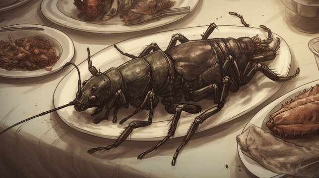 Primo piatto, Insetto gigante, Cucinato, Zampe, Scarafaggio, Illustrazione, Cibo, Antipasto. PIATTO ALL'INSETTO GIGANTE! Generative AI