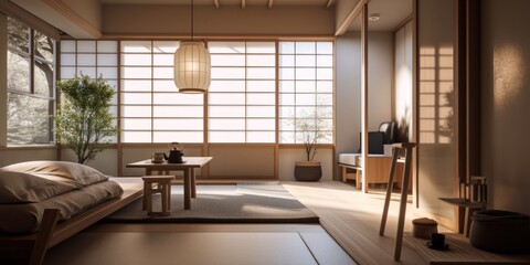 Japandi interior design room with beautiful lightning generative ai