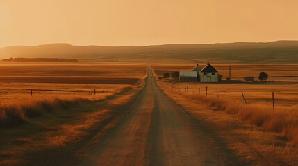 Naklejka premium Rural open landscape with an seemingly endless road during sunset
