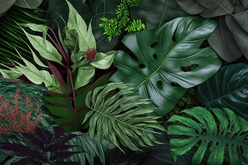 Fototapeta na wymiar AI generated closeup nature view of green leaves floral jungle pattern at dark background