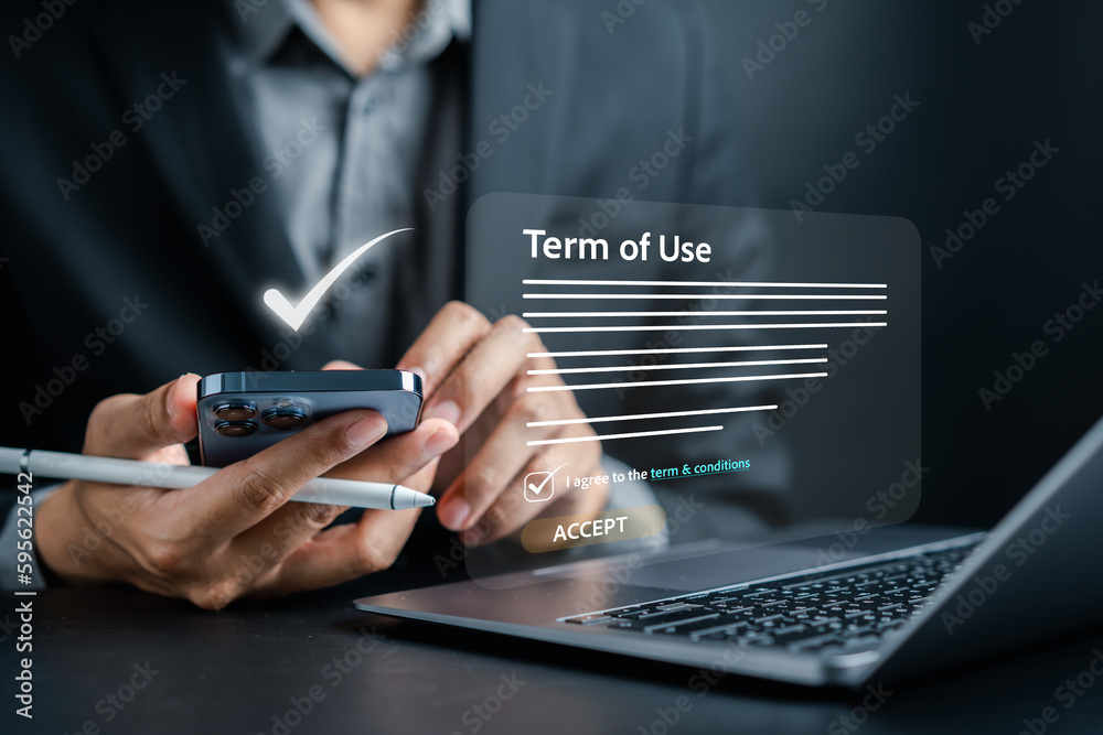 Wall mural businessman sign terms of use concept, reading terms and conditions of website or service before cli