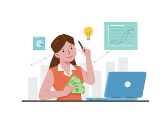 A woman is sitting with a laptop, working, business plan, maney in her hand.