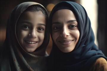 Smiling Muslim women in hijab looking at camera. Created with artificial intelligent.