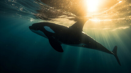 Obraz na płótnie Canvas Whale underwater with beautiful sun shining through the sea AI