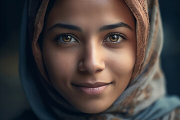 Smiling Muslim woman in hijab. Created with artificial intelligent.