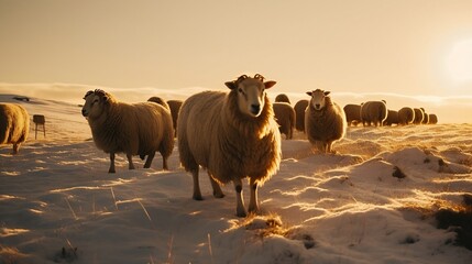 Icelandic sheep with beautiful landscape in the golden hour AI