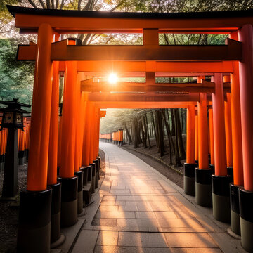 beauty and tranquility of Kyoto. A photograph of the iconic torii gates at Fushimi Inari Shrine, ai