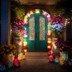 beauty of Eid decorations with a beautifully adorned door or entrance, with colorful lights, lanterns, and flowers, during the holy month of Ramadan, ai