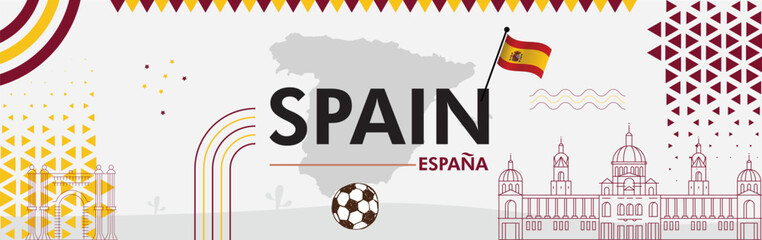 España , Espana Spain national day banner design collection set. Spanish flag theme graphic art background. Abstract celebration decoration icons, red yellow color. Map ribbon fists balloons vector