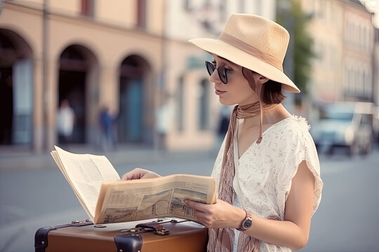 Independent Traveler: Young Woman Seated on Suitcase, Studying a Map for Adventure. Generative AI
