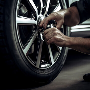 precision of car maintenance with a photograph of a mechanic adjusting the tire pressure of a car using a digital pressure gauge, ai