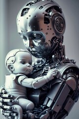 Robot with Human-like Traits Lovingly Holding Robot Baby