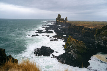 Lóndrangar is a unique geological formation located on the Snæfellsnes Peninsula in Iceland....