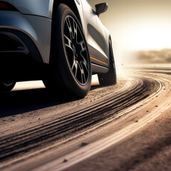 car tire with a photograph of a car taking a sharp turn on a dry road, with a focus on the tire treads and the car leaning into the turn, ai