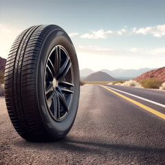 Fototapeta na wymiar car tire with a photograph of a car driving on a long road trip, with a focus on the tire treads and the odometer in the background