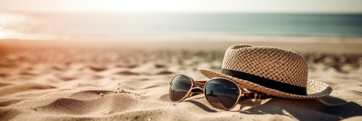 Straw hat and sunglasses on the beach close up. Summer holidays accessory, copy space. Generative AI