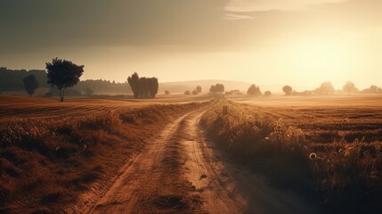 Fototapeta na wymiar Rural open landscape with an seemingly endless road during sunset