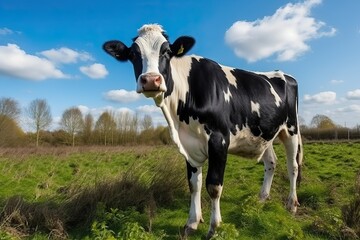 Fototapeta na wymiar Cow standing on green grass, Black and white color, farm animal (Ai generated)
