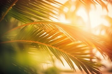 Obraz premium Blur beautiful nature green palm leaf on tropical island (Ai generated)