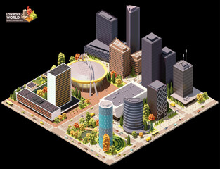 Vector isometric world map creation set. Combinable map elements. City downtown or center map. Skyscrapers, sports venue and park, modern buildings and streets - 595624387