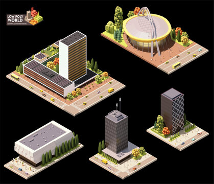 Vector isometric world map creation set. Combinable map elements. City downtown or center map. Skyscrapers, sports venue, modern buildings and streets