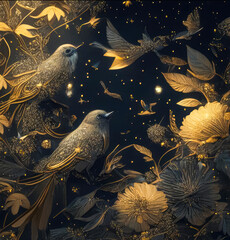 gorgeous background, tropical forest with beautiful leaves, flowers and birds