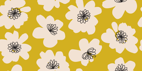 Hand drawn flowers, seamless patterns with floral for fabric, textiles, clothing, wrapping paper, cover, banner, interior decor, abstract backgrounds.