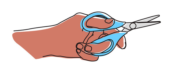 Hand holding scissors, cutting montion. Hand drawn with thin line. Png clipart isolated on transparent background