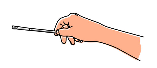 Hand holding a brush hand drawn with thin line. Teaching painting, professional artist, art school student concept. Png clipart isolated on transparent background