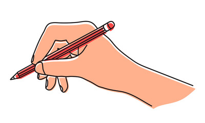 Hand holding a pencil, writing, signing a document or drawing. Hand drawn with thin line. Png clipart isolated on transparent background